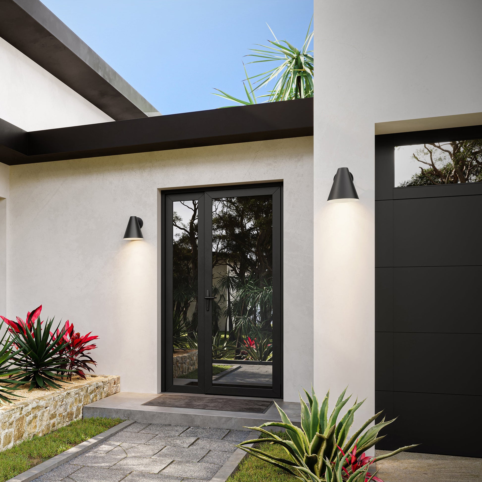 Progress Lighting Mik Large Outdoor Wall Lantern installed on exterior home facade in Matte Black
