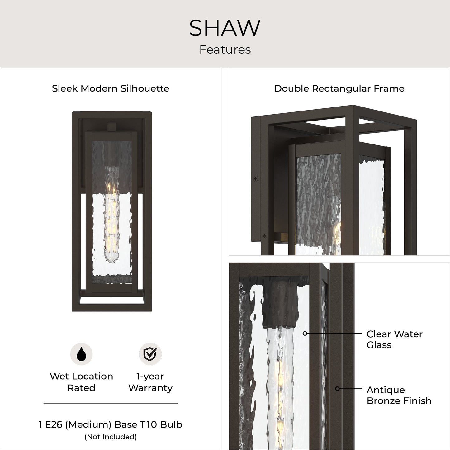 Progress Lighting P560410-020 Shaw Outdoor Wall Lantern features infographic showing clear water glass, antique bronze finish, wet location rated, and 1-year warranty