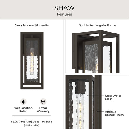 Progress Lighting P560410-020 Shaw Outdoor Wall Lantern features infographic showing clear water glass, antique bronze finish, wet location rated, and 1-year warranty