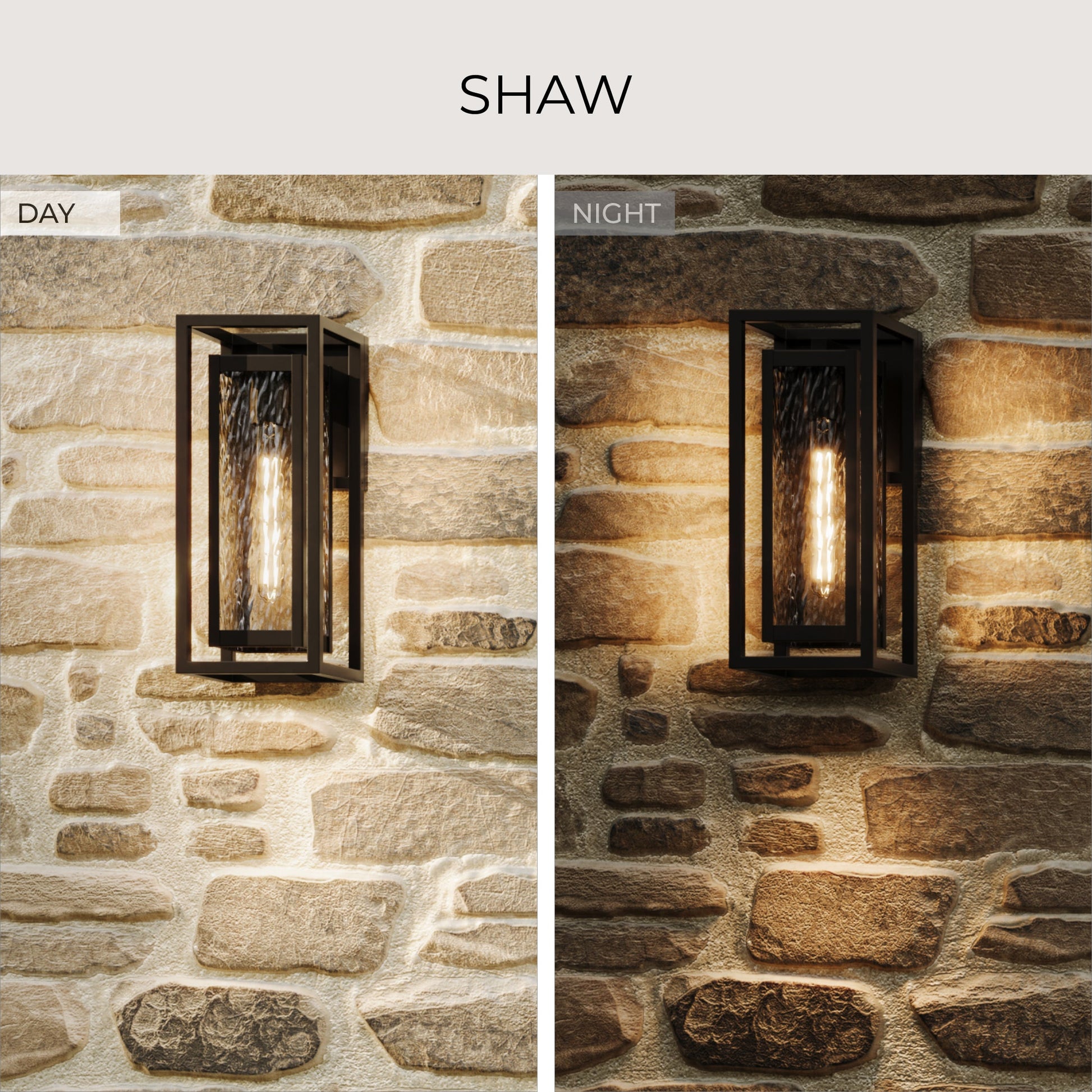 Progress Lighting P560410-020 Shaw Outdoor Wall Lantern day and night comparison on stone wall