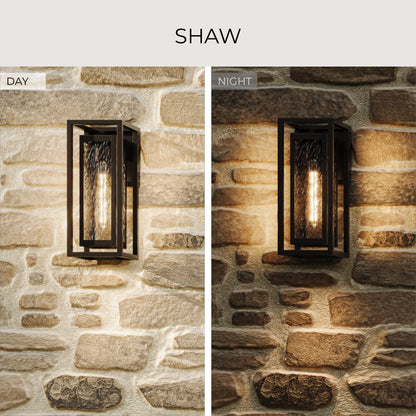 Progress Lighting P560410-020 Shaw Outdoor Wall Lantern day and night comparison on stone wall