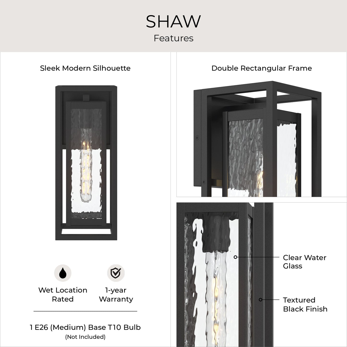 Progress Lighting Shaw P560410-031 features infographic: double rectangular frame, clear water glass, textured black finish, wet location rated, 1-year warranty