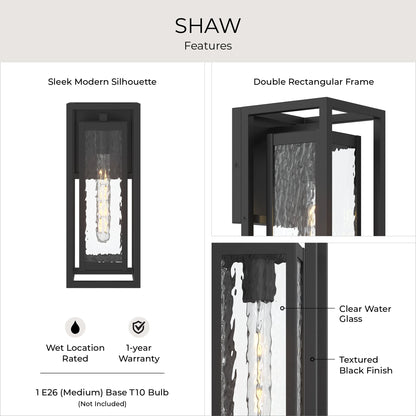Progress Lighting Shaw P560410-031 features infographic: double rectangular frame, clear water glass, textured black finish, wet location rated, 1-year warranty