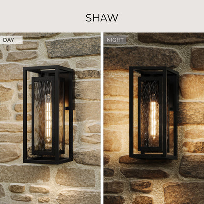 Progress Lighting Shaw P560410-031 Textured Black Outdoor Wall Lantern day and night comparison on stone wall