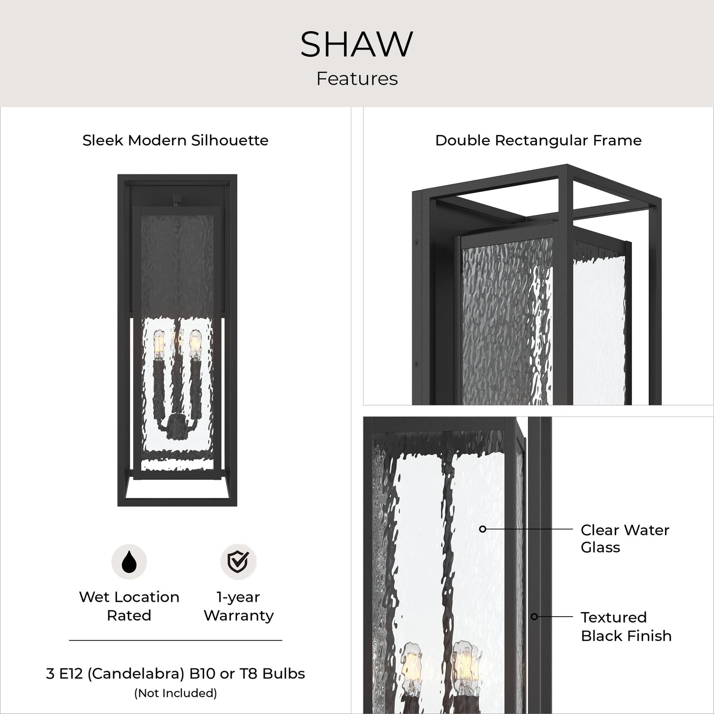 Progress Lighting P560412-031 Shaw Features: Clear Water Glass, Textured Black Finish, Double Rectangular Frame, Wet Location Rated, 3 E12 Candelabra Bulbs