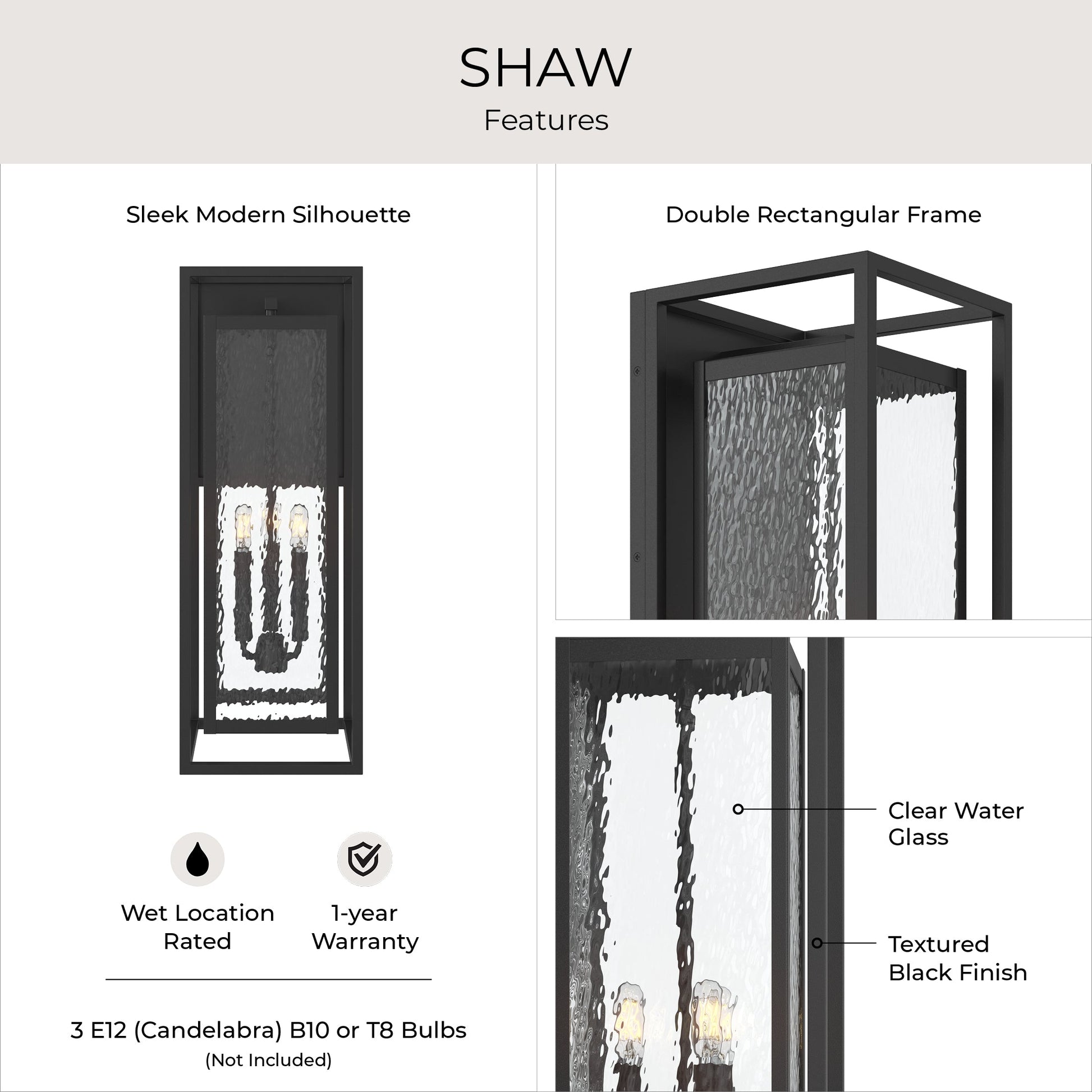 Progress Lighting P560412-031 Shaw Features: Clear Water Glass, Textured Black Finish, Double Rectangular Frame, Wet Location Rated, 3 E12 Candelabra Bulbs