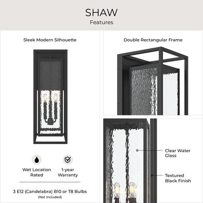 Progress Lighting P560412-031 Shaw Features: Clear Water Glass, Textured Black Finish, Double Rectangular Frame, Wet Location Rated, 3 E12 Candelabra Bulbs