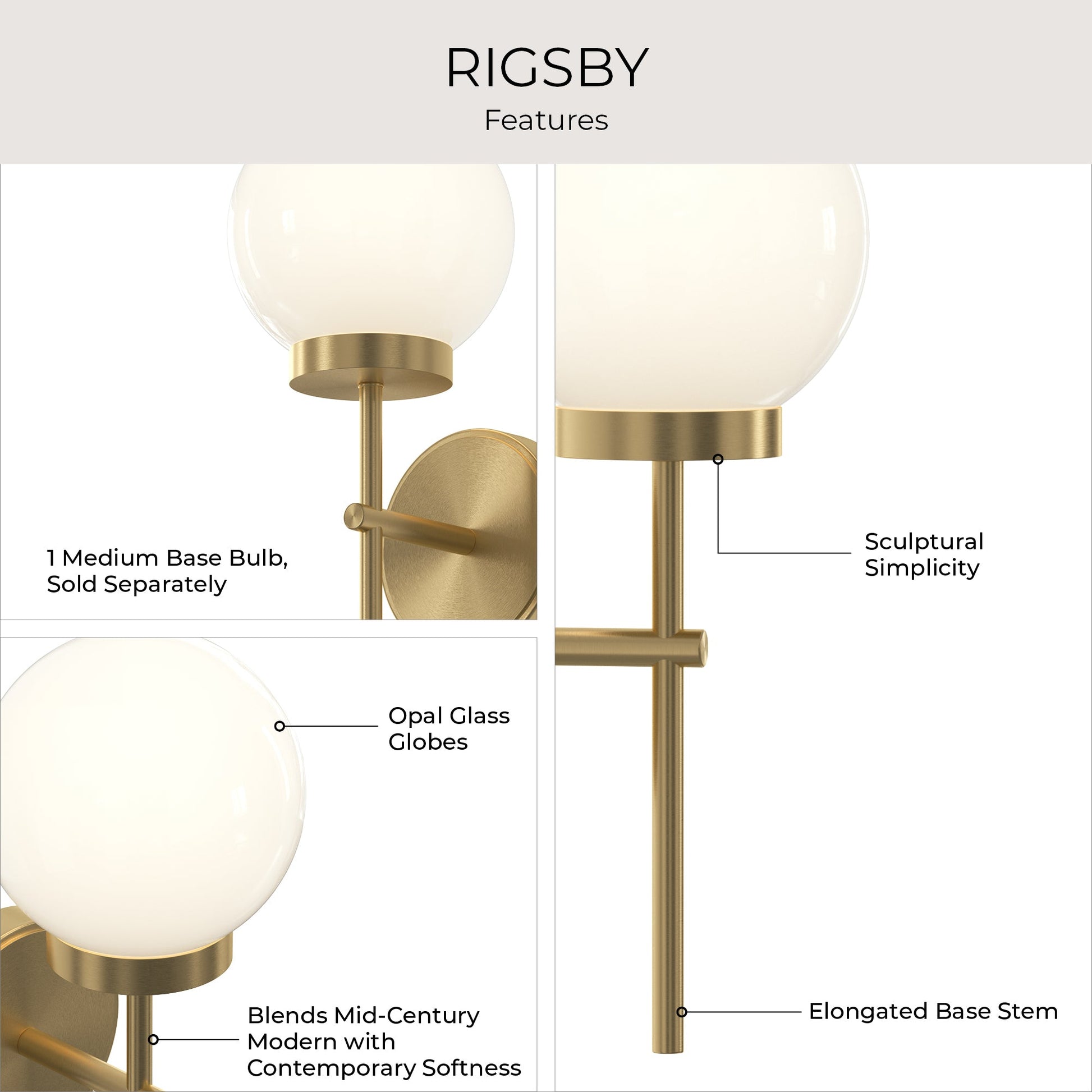 Progress Lighting P710157-191 Rigsby Brushed Gold Wall Sconce - Feature Infographic