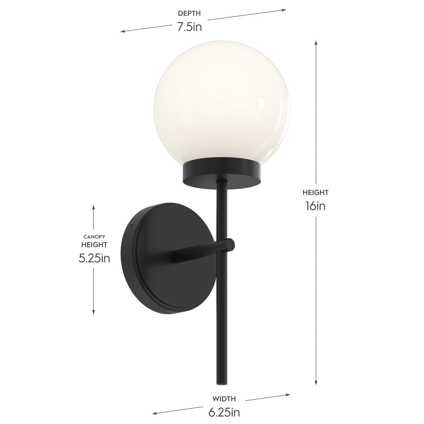 Progress Lighting P710157-31M Rigsby Wall Sconce dimensions diagram showing 16in height, 6.25in width, 7.5in depth