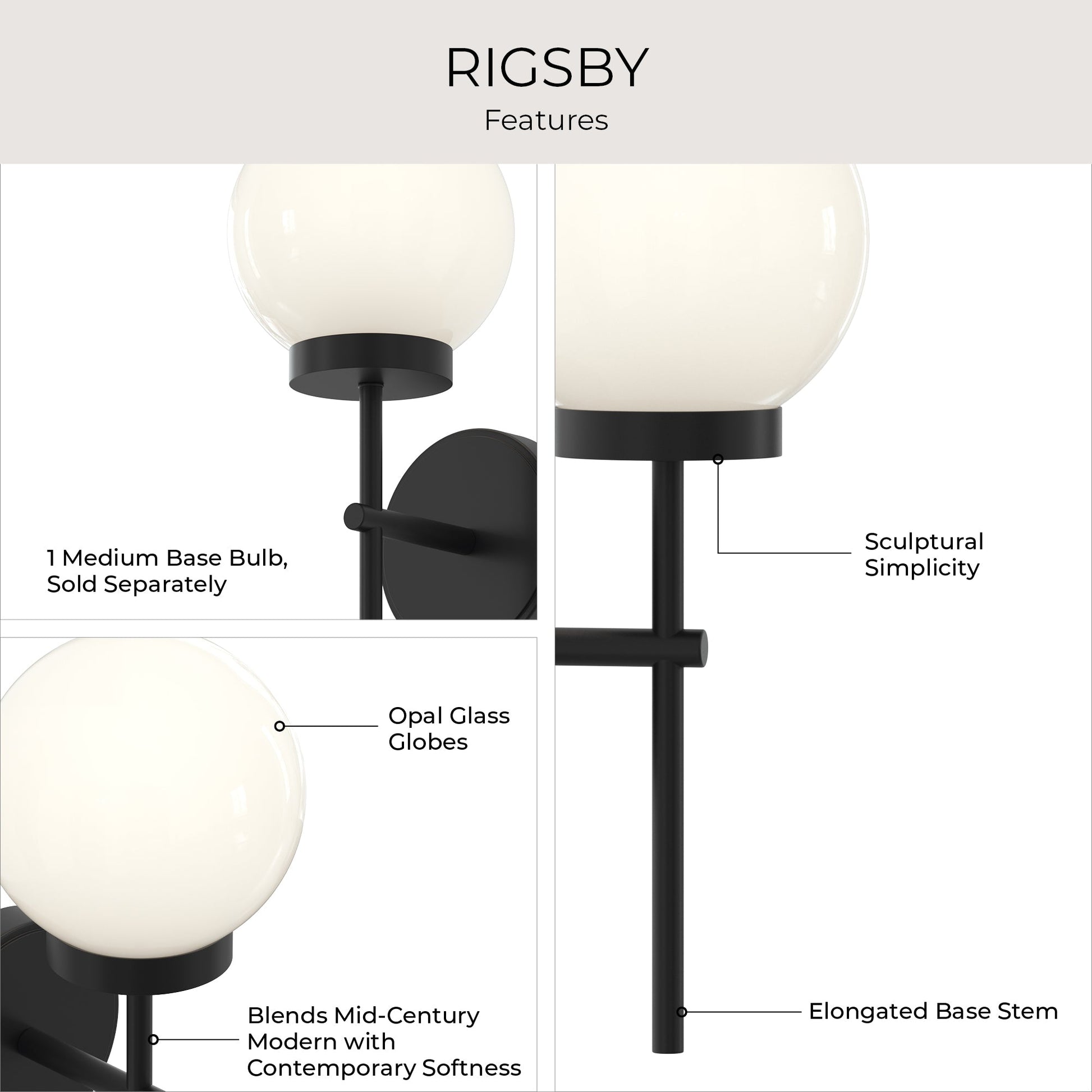 Progress Lighting P710157-31M Rigsby Wall Sconce features infographic highlighting opal glass globe and elongated base stem