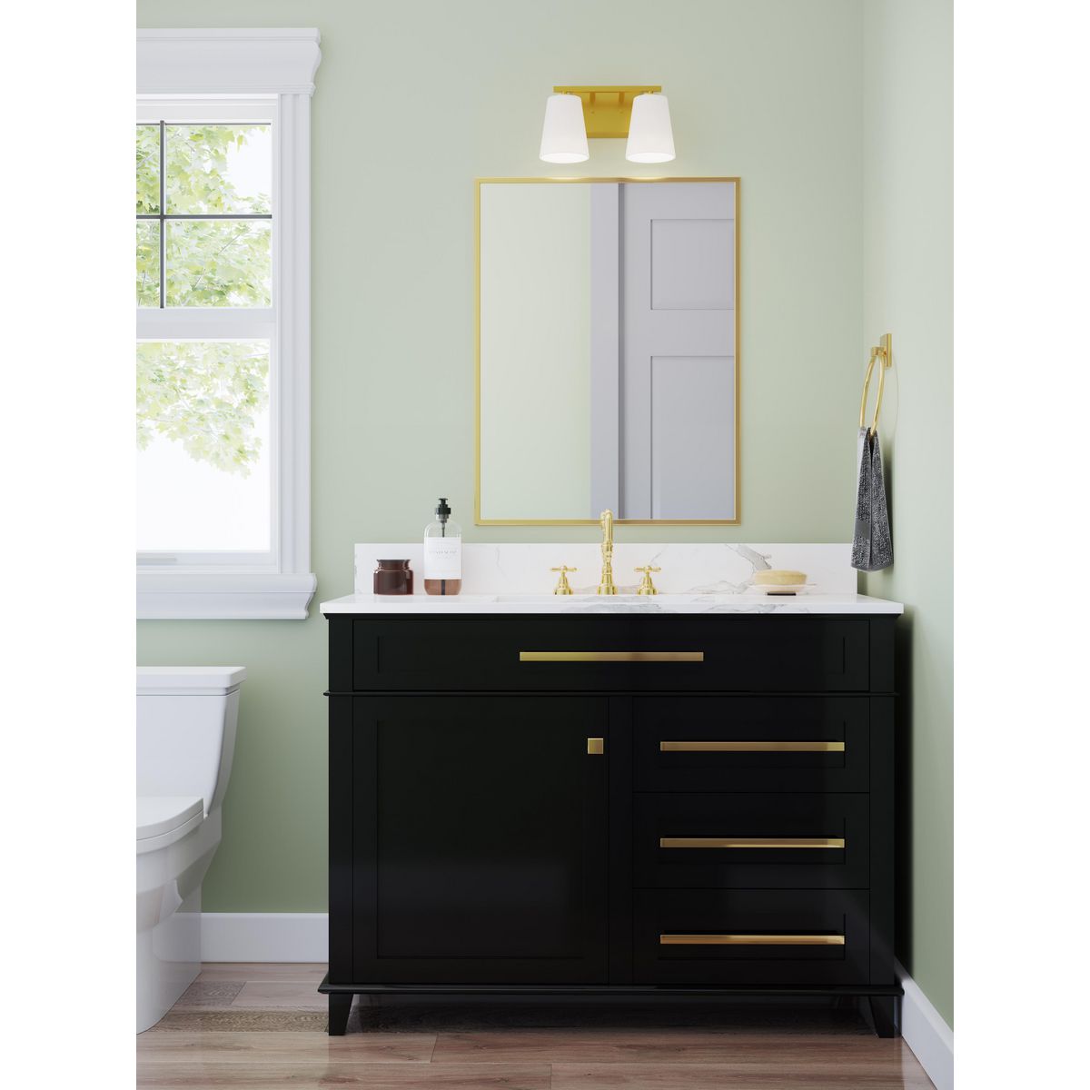 Progress Lighting Vertex 2 light brushed gold bath vanity wall light in bathroom