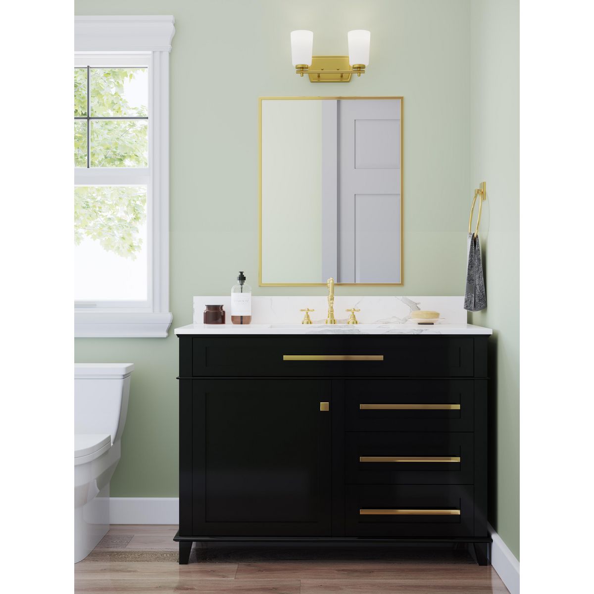 Progress Lighting Adley 2 light satin brass bath vanity wall light in bathroom setting