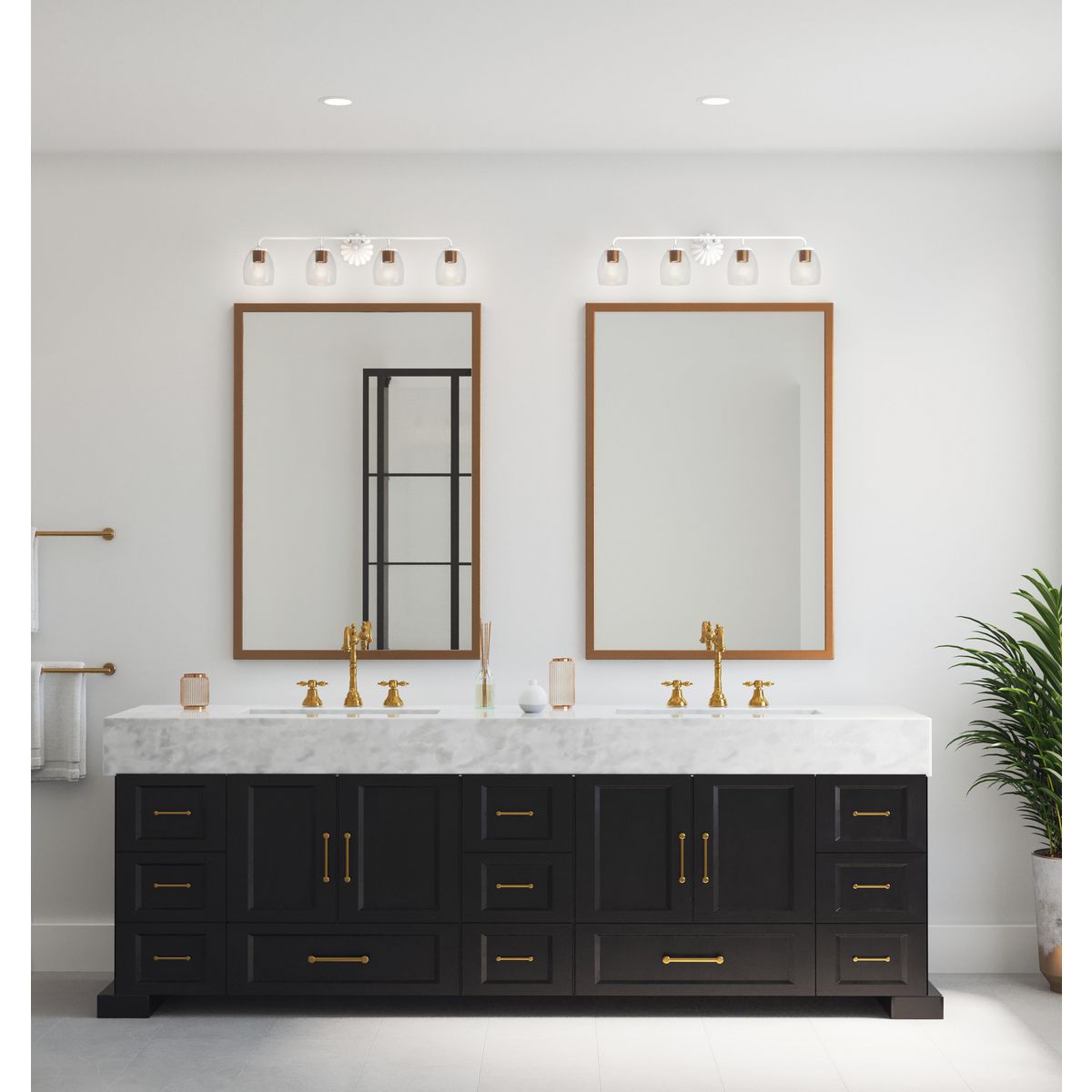 Progress Lighting P300491-197 Quillan 4 Light White Plaster Bath Vanity Wall Light installed in bathroom lifestyle setting