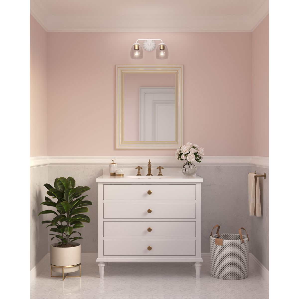 Progress Lighting Quillan 2 light bath vanity wall light installed above bathroom mirror