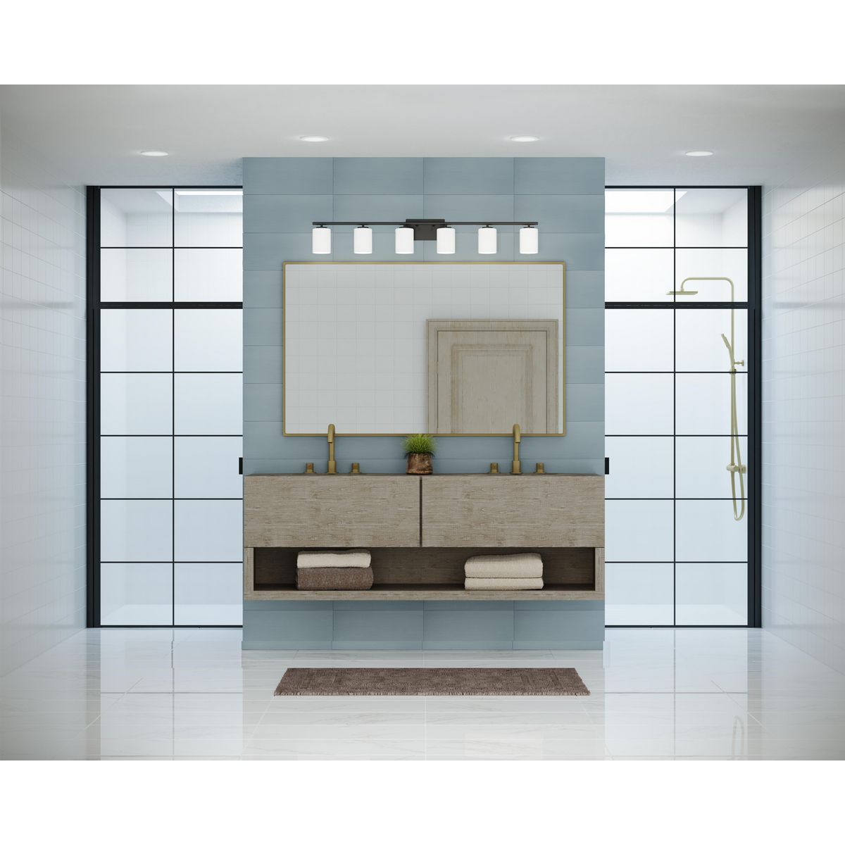 Progress Lighting Replay 6 light black bath vanity wall light installed above bathroom mirror