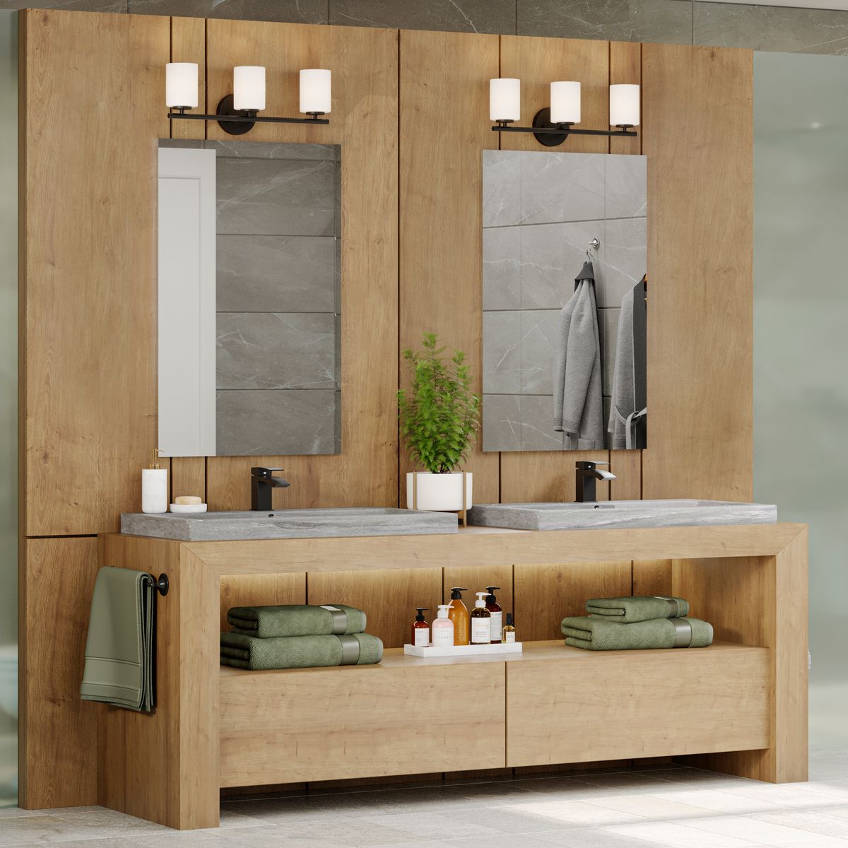 Progress Lighting Replay 3 light black bath vanity wall light in bathroom setting