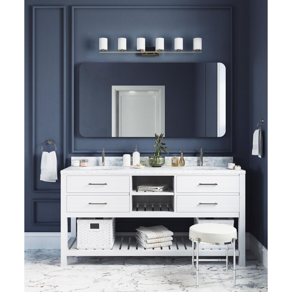 Progress Lighting Replay 6 light bath vanity wall light in a bathroom setting