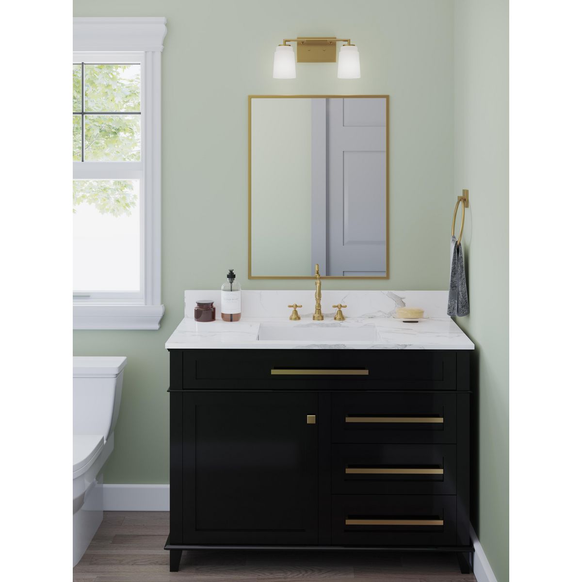 Progress Lighting P300504-191 Spenser 2 Light Brushed Gold Bath Vanity Wall Light - lifestyle installation in powder room