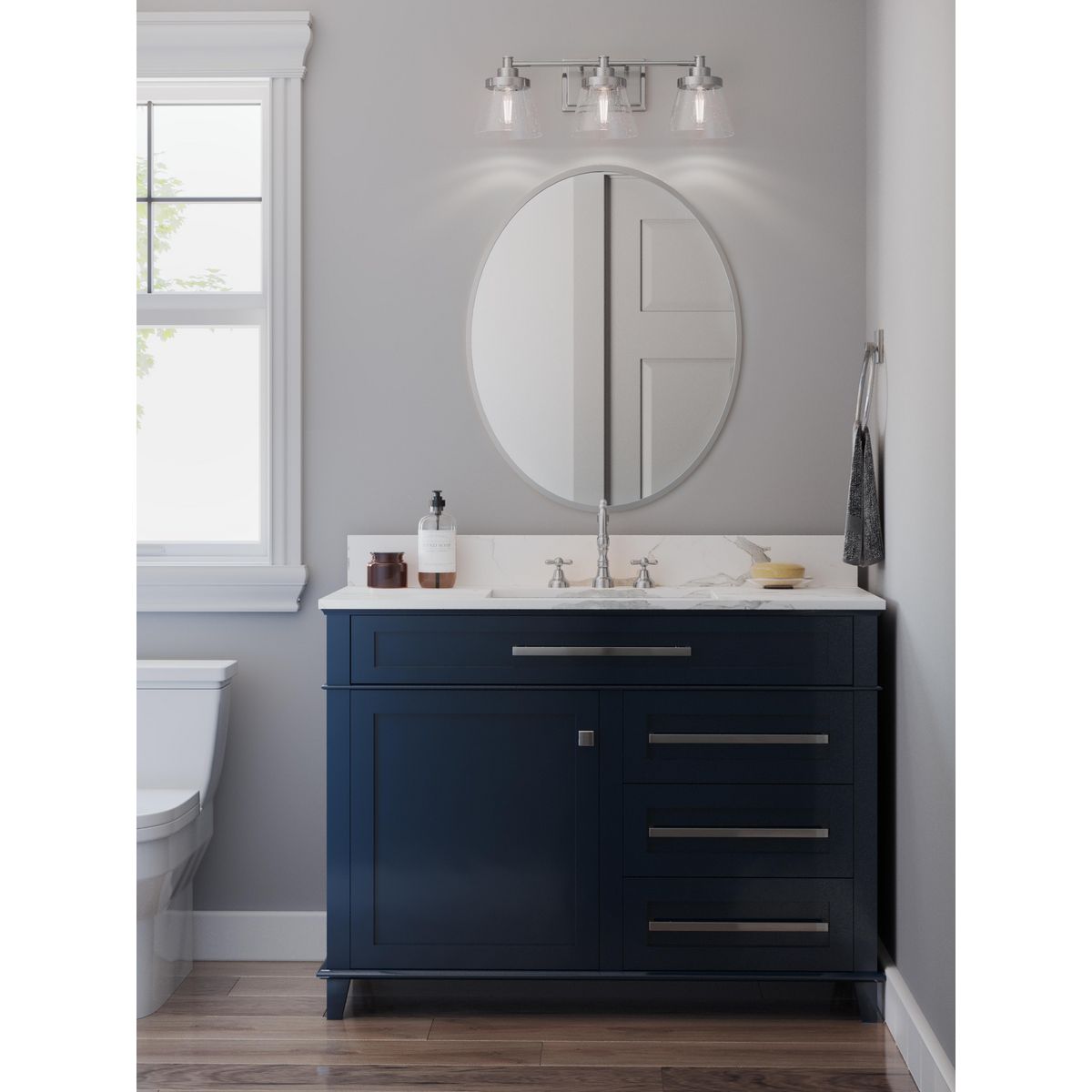 Progress Lighting Hinton 3 light brushed nickel bath vanity wall light in bathroom setting