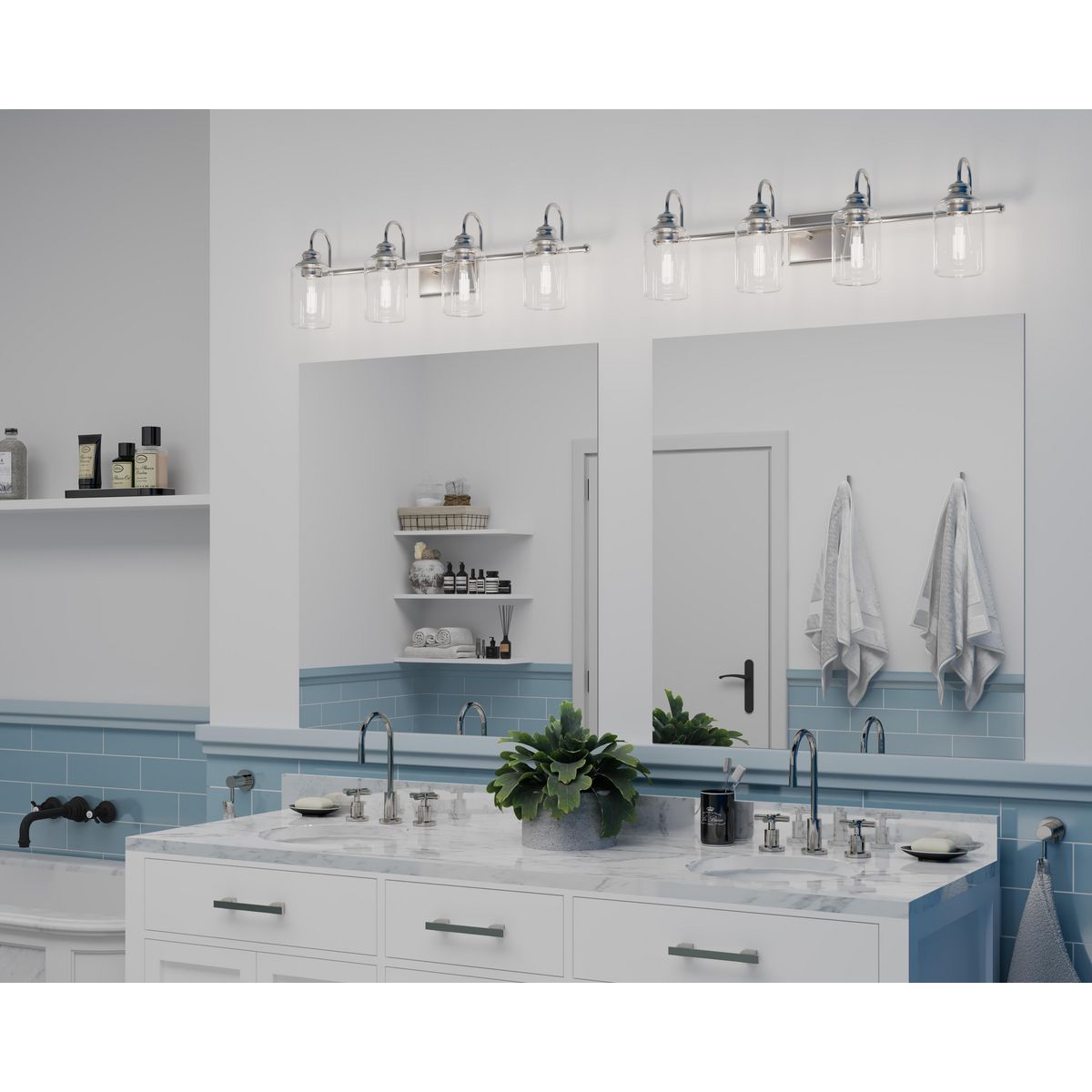 Progress Lighting Aiken 4 light brushed nickel bath vanity wall light in bathroom setting