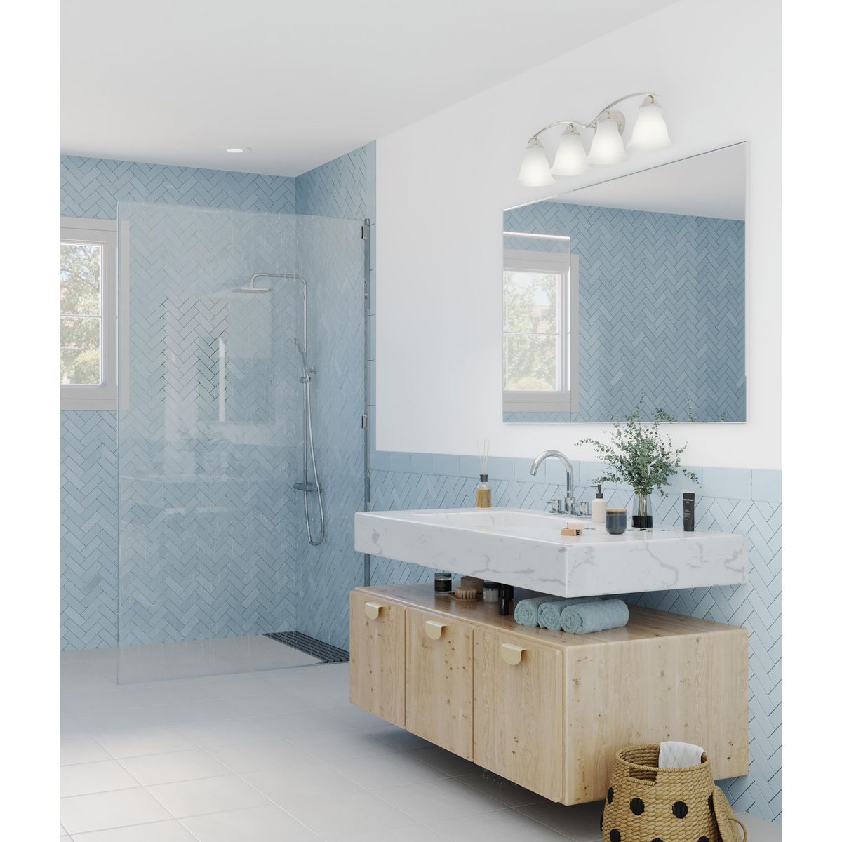 Progress Lighting P3193-09 Trinity 4 Light Brushed Nickel Bath Vanity Wall Light installed in bathroom