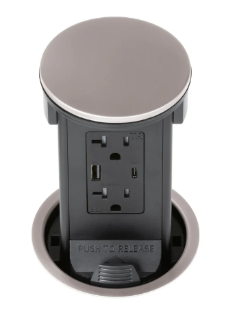 Lew Electric PUR20ACD-NS Round Kitchen Pop Up Outlet, USB-A/C Charging, Nickel Finish