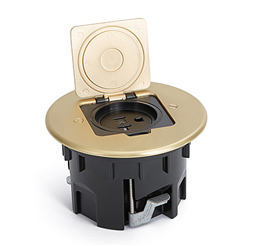 Lew Electric RB-OB Wood floor box with round brass metal cover, single receptacle, and flip lid