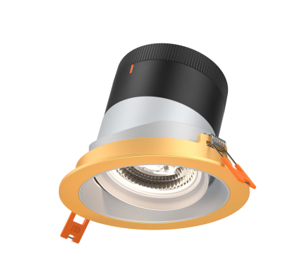 Dals Lighting RC04-CC-20-GMBAZ-TGD 4 Inch Modular Downlight, 5CCT, 20 degree Beam Angle, Black Gimbal Reflector, Alzak Finish, Gold Trim