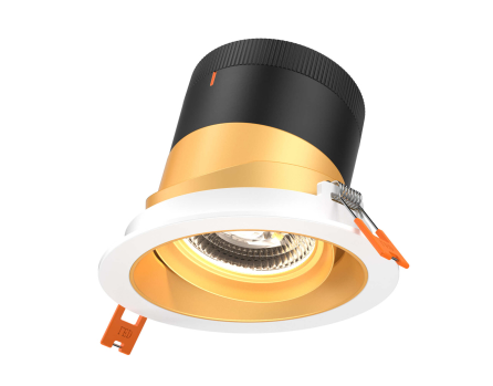 Dals Lighting RC04-CC-35-GMBGD-TWH 4 Inch Modular Downlight, 5CCT, 35 degree Beam Angle, Black Gimbal Reflector, Gold Finish, White Trim
