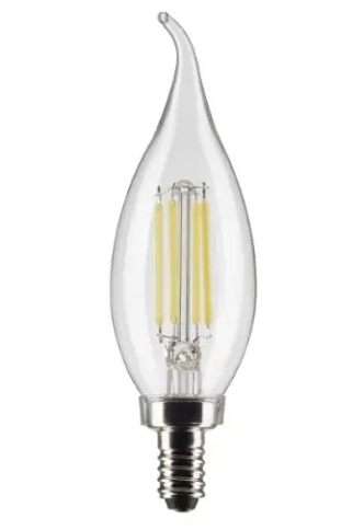 SATCO S21842 LED CA10 Bulb, Flame Tip, E12, Wattage 4W, Lumens 350 lm, Voltage 120V, Color Temperature 5000K, Clear, 2PK