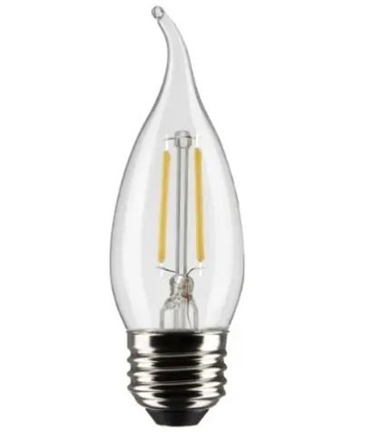 SATCO S21852 LED CA10 Bulb, Flame Tip, E26, Wattage 5.5W, Lumnes 500 lm, Voltage 120V, Color Temperature 2700K, Clear, 2PK