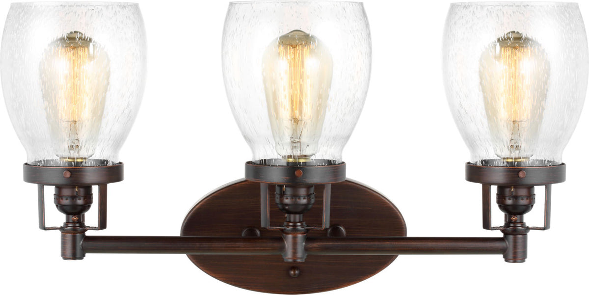 Generation Lighting Belton 3 light bronze bath vanity wall light with clear seeded glass shades