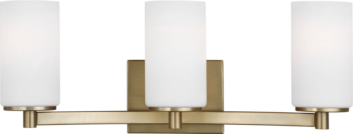 Generation Lighting Hettinger 3 light bath vanity wall light in satin brass with white glass shades