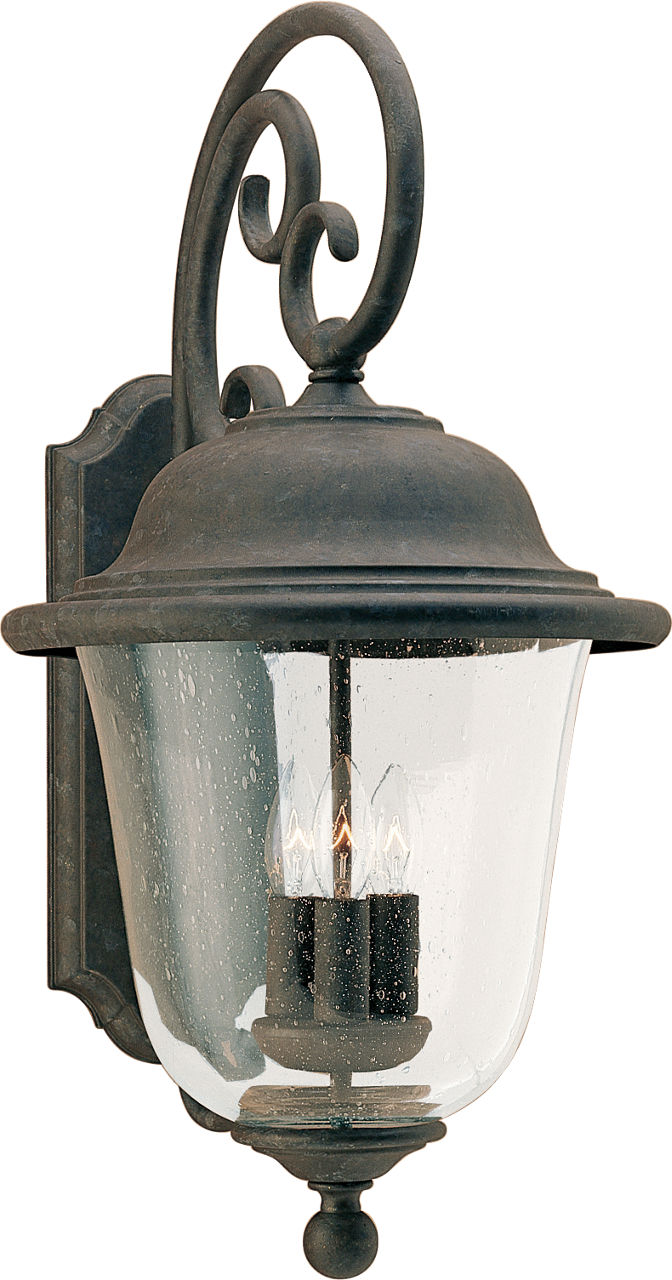 Generation Lighting Trafalgar 3 light oxidized bronze wall lantern with clear seeded glass