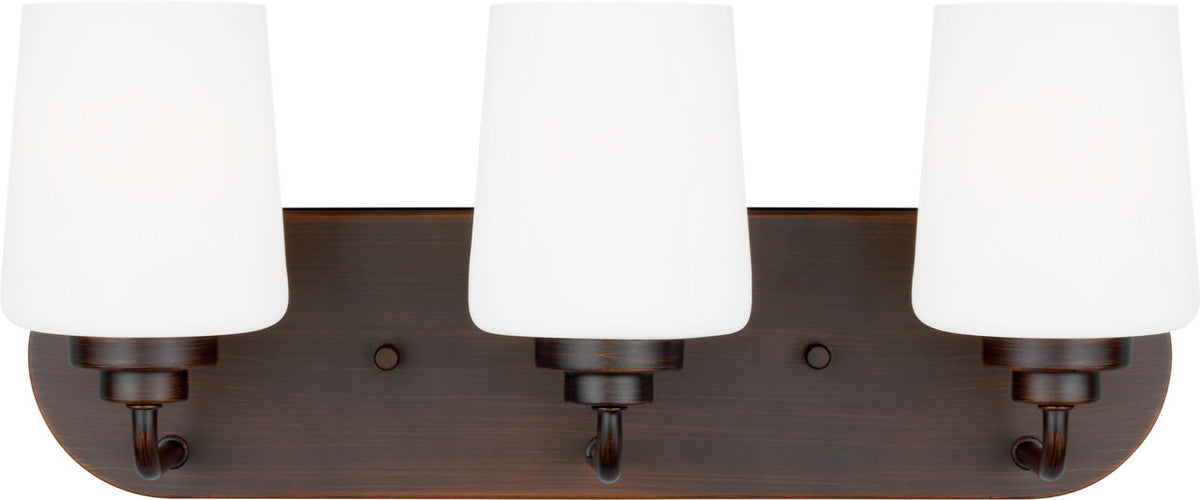 Generation Lighting Windom 3 light bronze bath vanity wall light with white glass shades