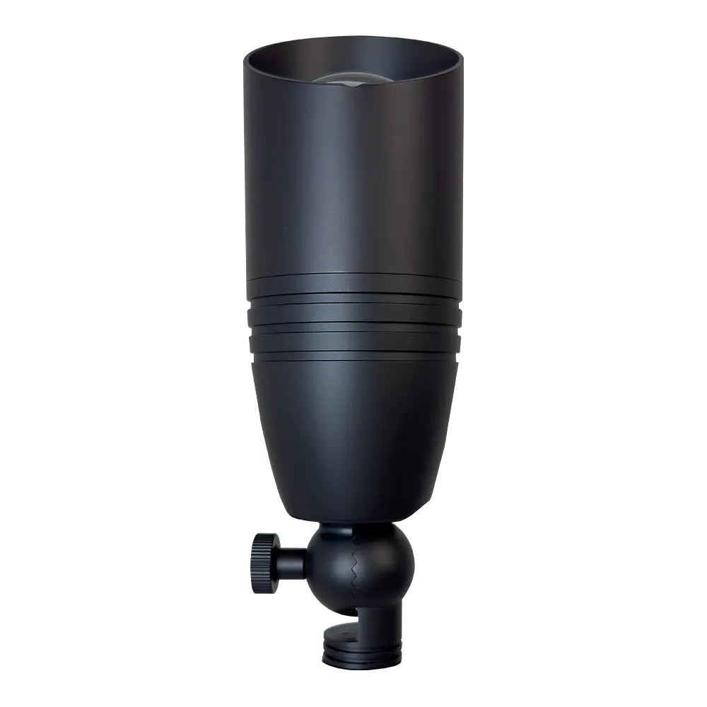 Dark brass cast spotlight by ABBA Lighting, cylindrical body, adjustable base, for outdoor LED illumination.
