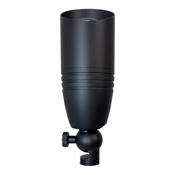 Dark brass cast spotlight by ABBA Lighting, cylindrical body, adjustable base, for outdoor LED illumination.