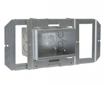 Orbit SSB-MB3 KO Ends = (6) - CKO , KO Bottom = (3) - CKO, KO Sides = (4) - CKO , CU. Inch = 69.3 Preassembled Simple Support Bracket With 3-1/2” Deep Multigang Masonry Box Up To 6-gang, Box Depth Adjustable From 5/8” To 1-1/2”