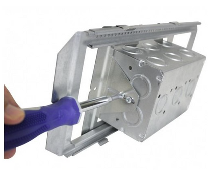 Orbit SSB-MB6 KO Ends = (12) - CKO , KO Bottom = (6) - CKO, KO Sides = (4) - CKO , CU. Inch = 139 Preassembled Simple Support Bracket With 3-1/2” Deep Multigang Masonry Box Up To 6-gang, Box Depth Adjustable From 5/8” To 1-1/2” 10 Pacl