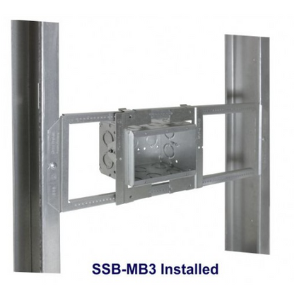 Orbit SSB-MB4 KO Ends = (8) - CKO , KO Bottom = (4) - CKO, KO Sides = (4) - CKO , CU. Inch = 92.1 Preassembled Simple Support Bracket With 3-1/2” Deep Multigang Masonry Box Up To 6-gang, Box Depth Adjustable From 5/8” To 1-1/2” 10 Pack