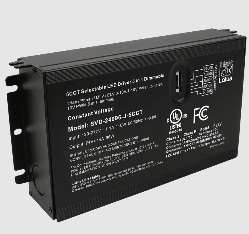 Lotus LED Lights SVD-24096-J-5CCT 5CCT Selectable 24V 96W 5-in-1 Dimmable cULus Driver with Built-in Wiring Chambers 120-277V Wet Class 2