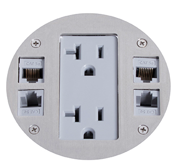 Lew Electric MOI4-REC-RES-DP1-C4-BK-AHC-CED Customizable, Recessed Four Inch Poke-Through Floor Box with Articulated Hinged Cover with Cable Exit Door, Decora receptacle & (4) communication openings , Black Finish