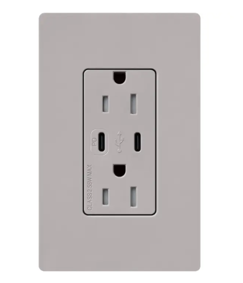 Lutron CAR-15-CCTR-GR Claro 15A Tamper-Resistant USB Type C Duplex Receptacle -  Finish: Gray
