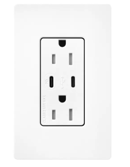 Lutron SCR-15-CCTR-BW Claro 15A Tamper-Resistant USB Type C Duplex Receptacle -  Finish: Brilliant White