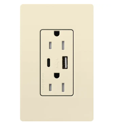 Lutron CAR-15-ACTR-AL Claro 15A Tamper-Resistant USB Type A and C Duplex Receptacle - Finish: Almond