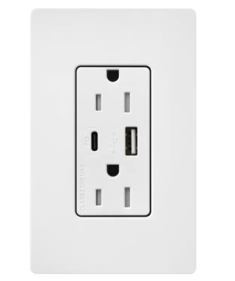 Lutron SCR-15-ACTR-SW Claro 15A Tamper-Resistant USB Type A and C Duplex Receptacle - Finish: Snow White