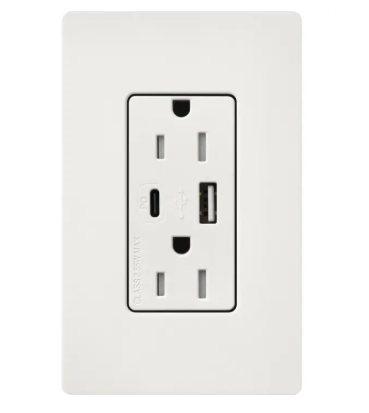 Lutron SCR-15-ACTR-RW Claro 15A Tamper-Resistant USB Type A and C Duplex Receptacle - Finish: Architectural White