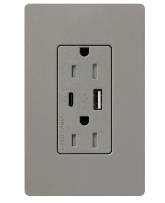 Lutron SCR-15-ACTR-CS Claro 15A Tamper-Resistant USB Type A and C Duplex Receptacle - Finish: Cobblestone