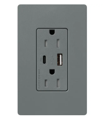 Lutron SCR-15-ACTR-SL Claro 15A Tamper-Resistant USB Type A and C Duplex Receptacle - Finish: Slate