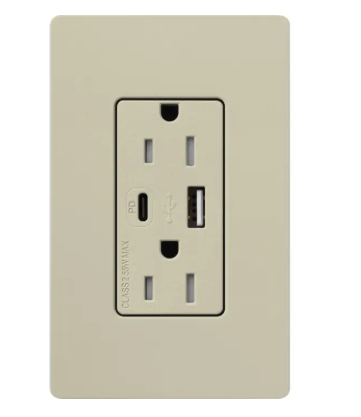 Lutron SCR-15-ACTR-CY Claro 15A Tamper-Resistant USB Type A and C Duplex Receptacle - Finish: Clay